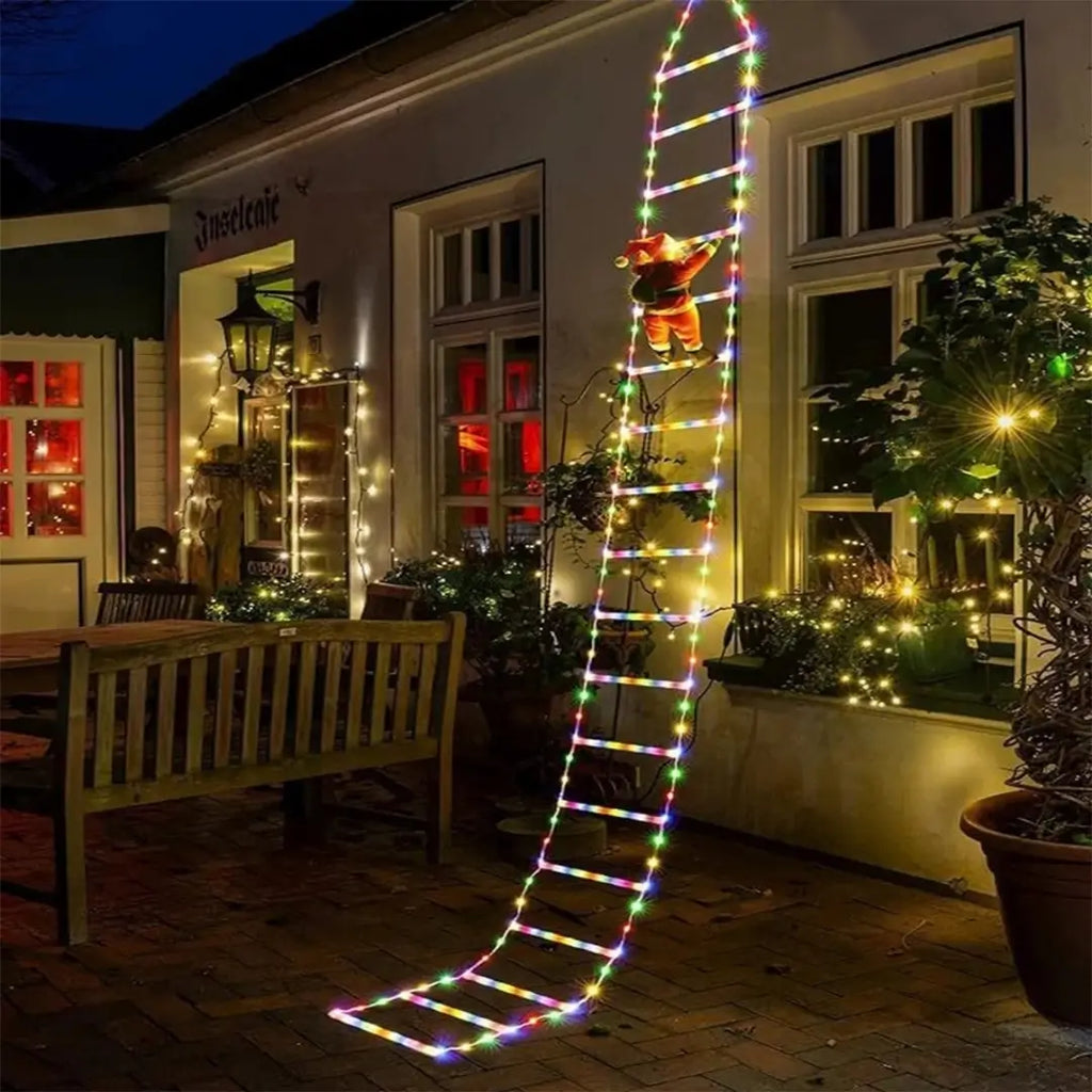 Papai Noel na Escada Decoração de Natal Luz Led Merry Christmas Luz Led Colorida 