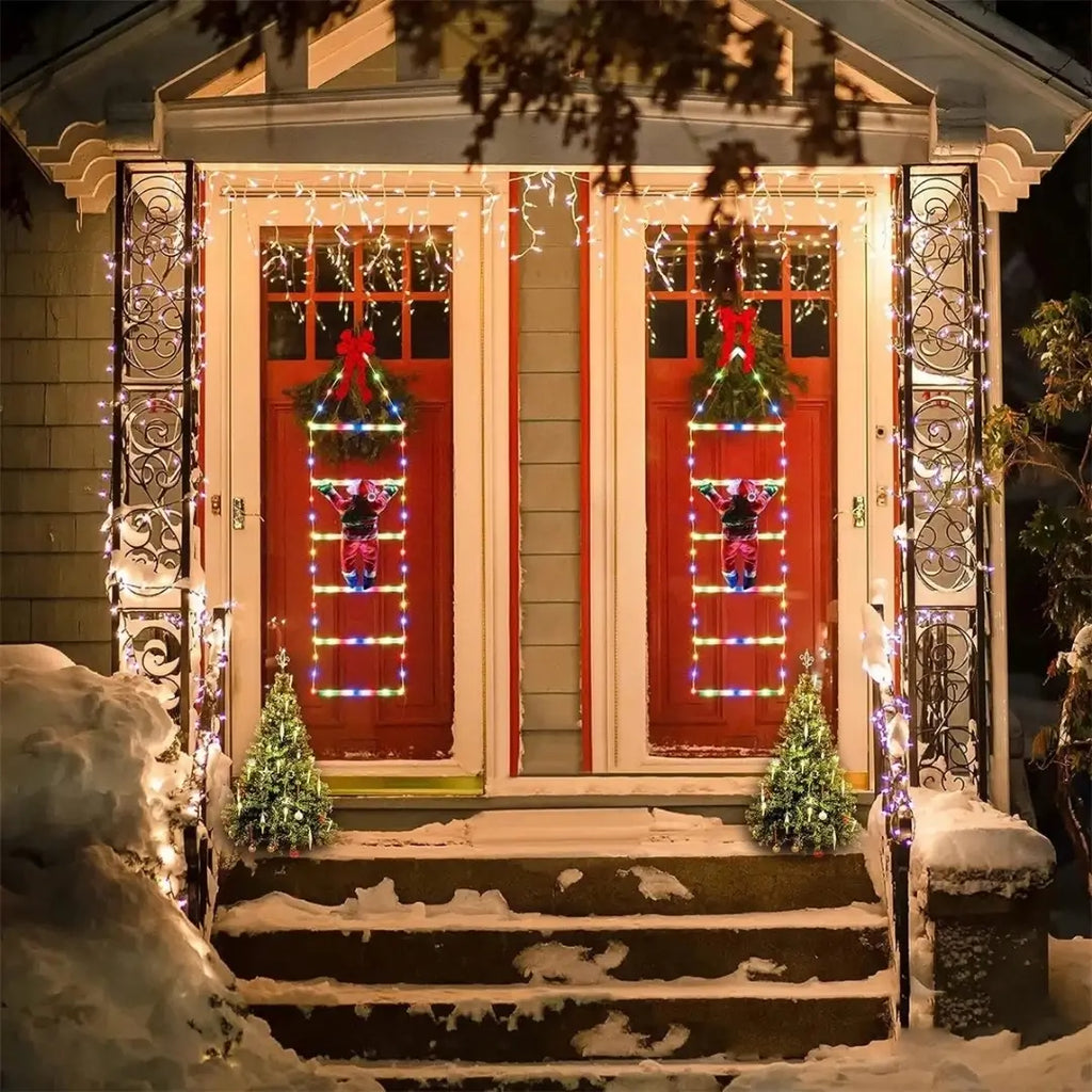 Papai Noel na Escada Decoração de Natal Luz Led Merry Christmas Dois Coloridos Pendurado na Porta de Casa 