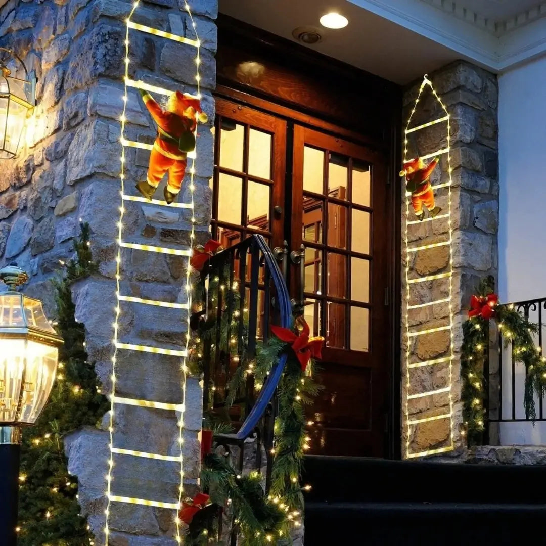 Papai Noel na Escada Decoração de Natal Luz Led Merry Christmas dois pendurado na varanda de casa tazmo 