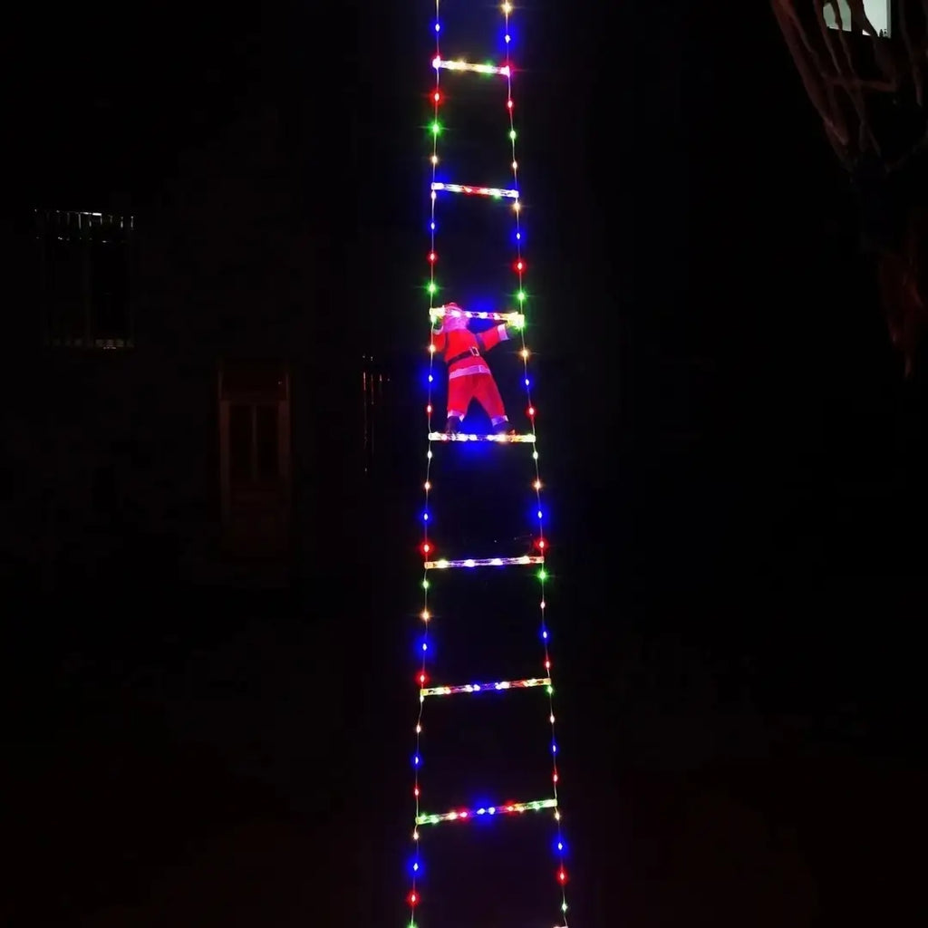 decoração natal papai noel na escada loja tazmo casa aceso a noite com luz led colorida tamanho 3 metros 