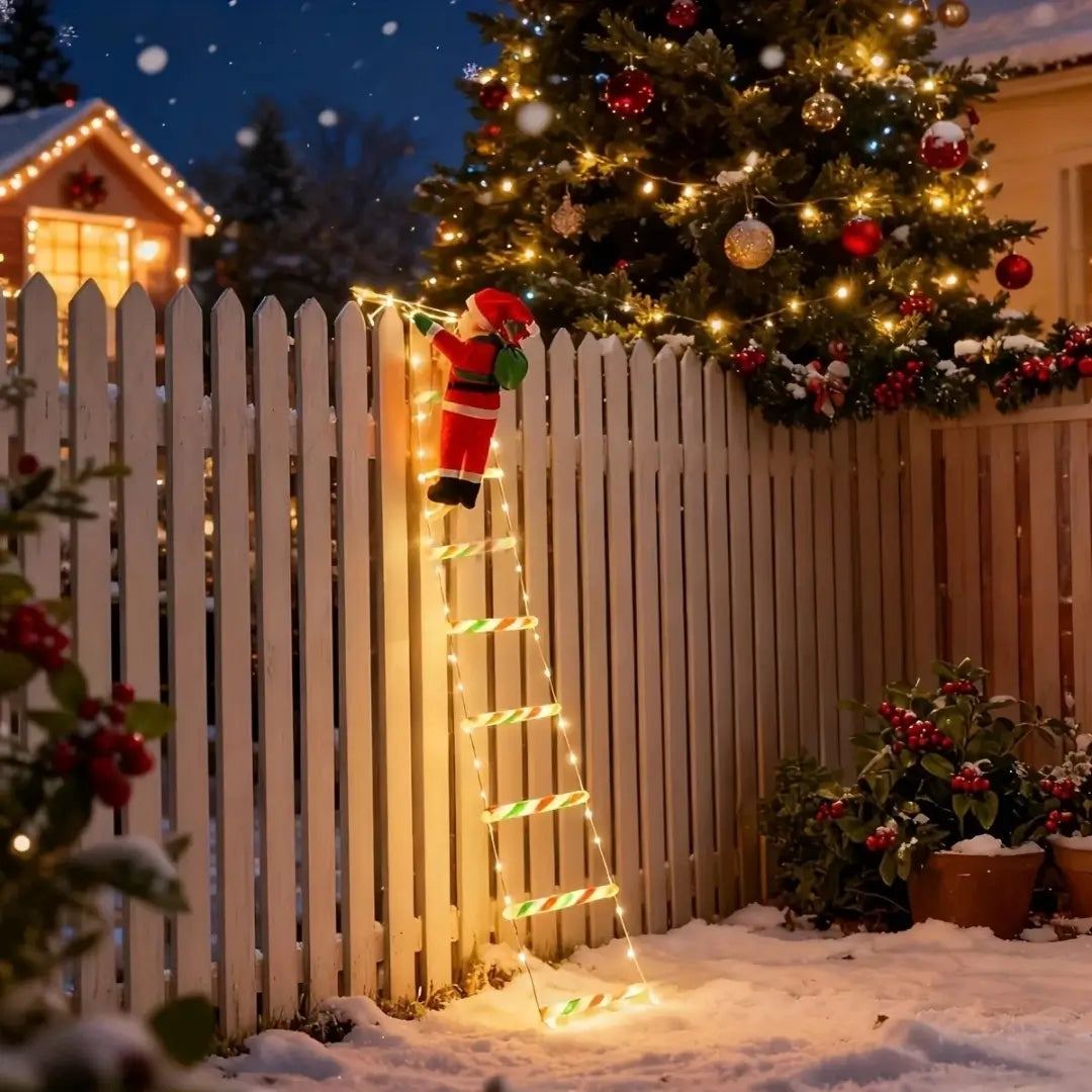 Papai Noel na Escada Decoração de Natal Luz Led Merry Christmas Luz da Corda Branco Quente Pendurado na Varanda de Casa 
