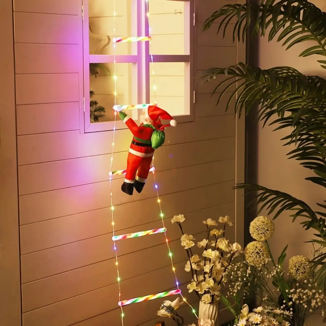 Papai Noel na Escada Decoração de Natal Luz Led Merry Christmas Corda com Luz Colorida na Varanda de Casa 