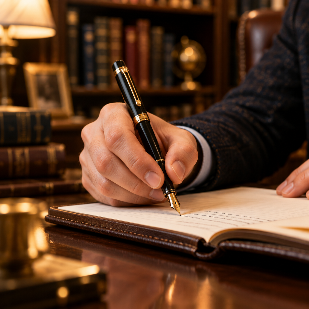 Pessoa escrevendo com caneta tinteiro Gold Black em caderno de couro tazmo casa 