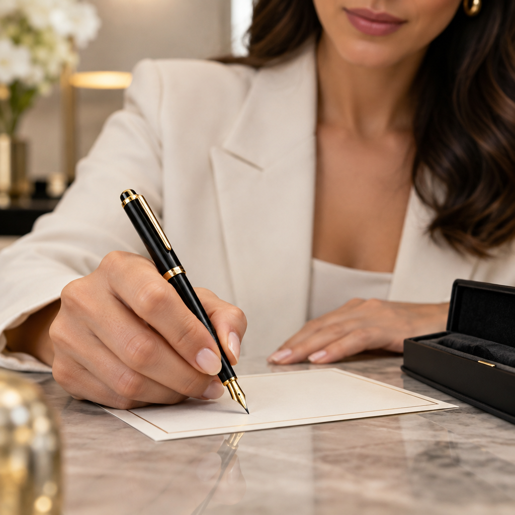 Profissional usando caneta tinteiro Gold Black para assinar documento tazmo casa 