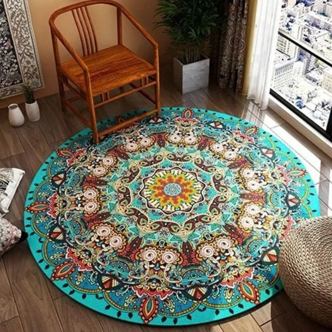 Tapete Redondo Para Sala e Quarto American Retrô Tazmo Casa Azul Turquesa