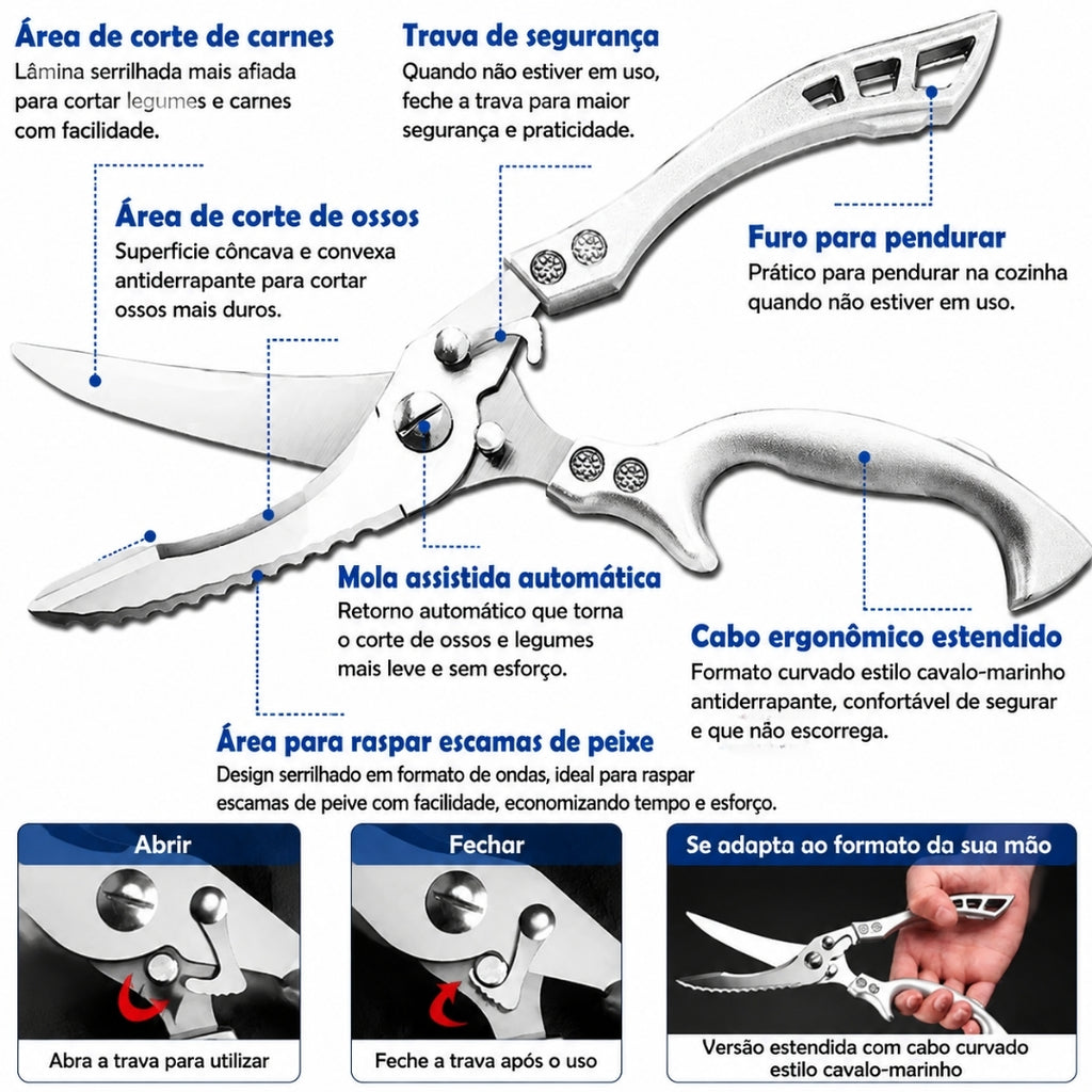 tesoura de cozinha inox multifuncional kenia com todas informações e funcionalidades do produto loja tazmo casa 