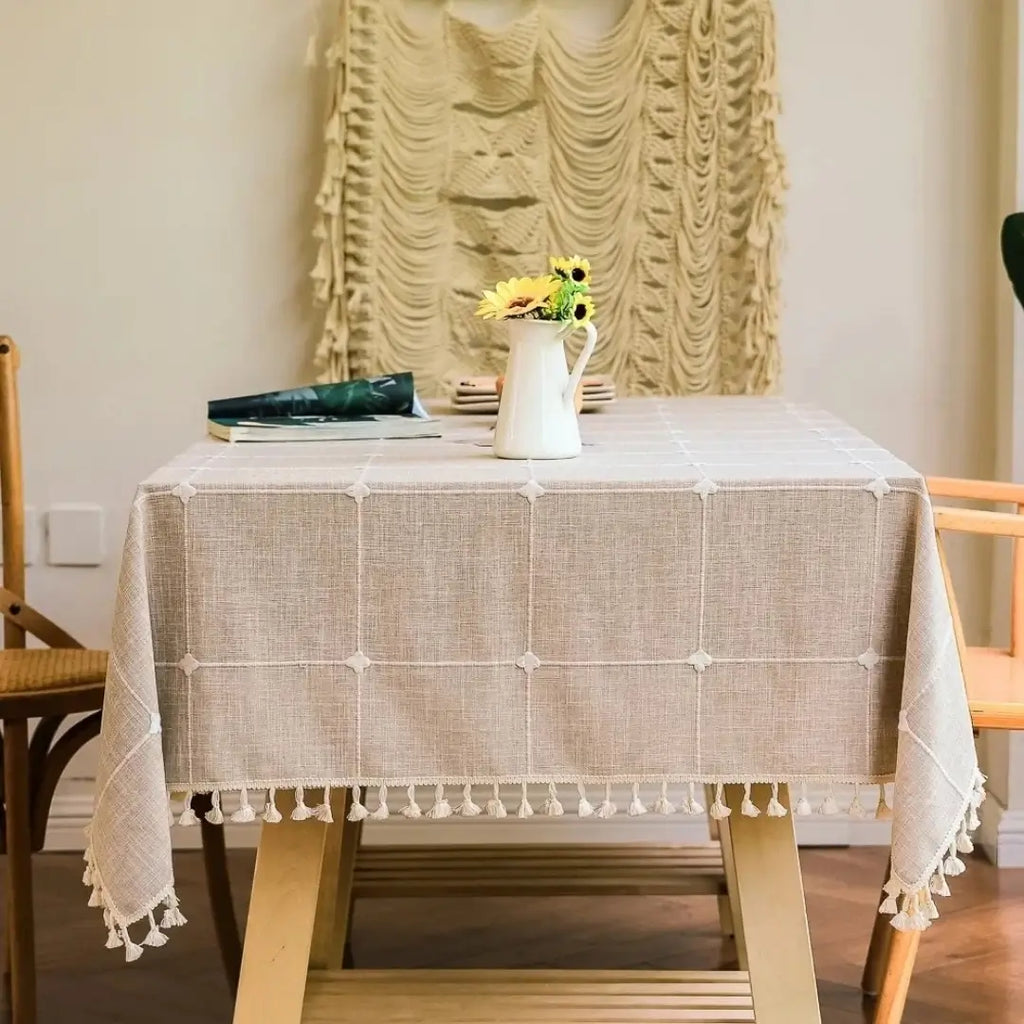 Toalha de Mesa Estilo Xadrez Pacific Bege Decoração Sala de Estar Verão Tazmo Casa 