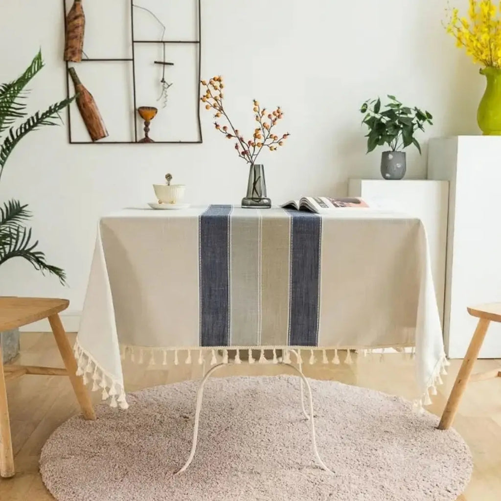 Toalha de Mesa Modelo Linho Algodão Veraneio Listra Cinza com Azul Tazmo Casa 