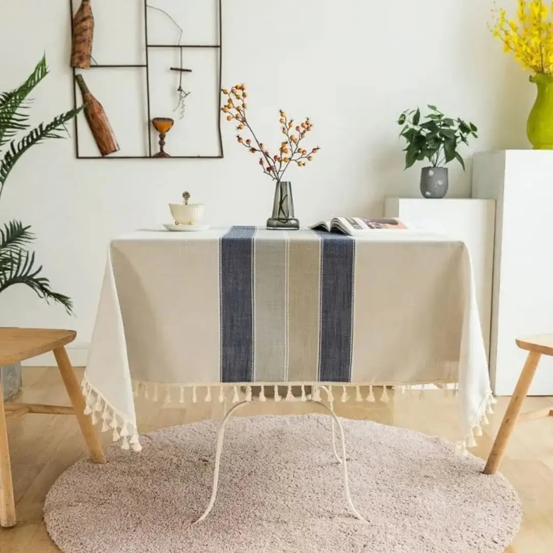 Toalha de Mesa Modelo Linho Algodão Veraneio Listra Cinza com Azul Tazmo Casa 
