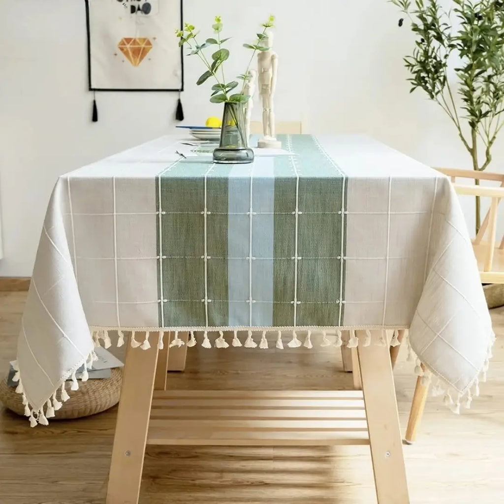 Toalha de Mesa Modelo Linho Algodão Veraneio Verde com Azul Mesa Posta Primavera Verão Tazmo Casa 