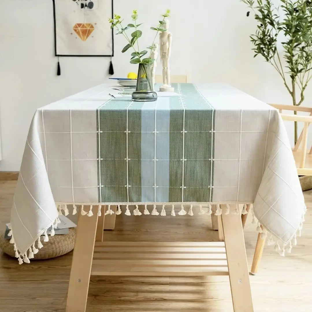 Toalha de Mesa Modelo Linho Algodão Veraneio Verde com Azul Mesa Posta Primavera Verão Tazmo Casa 