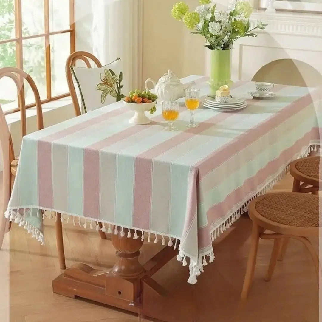 Toalha de Mesa Linho com Borla Modelo Listrado Itaparica Rosa Mesa Posta 