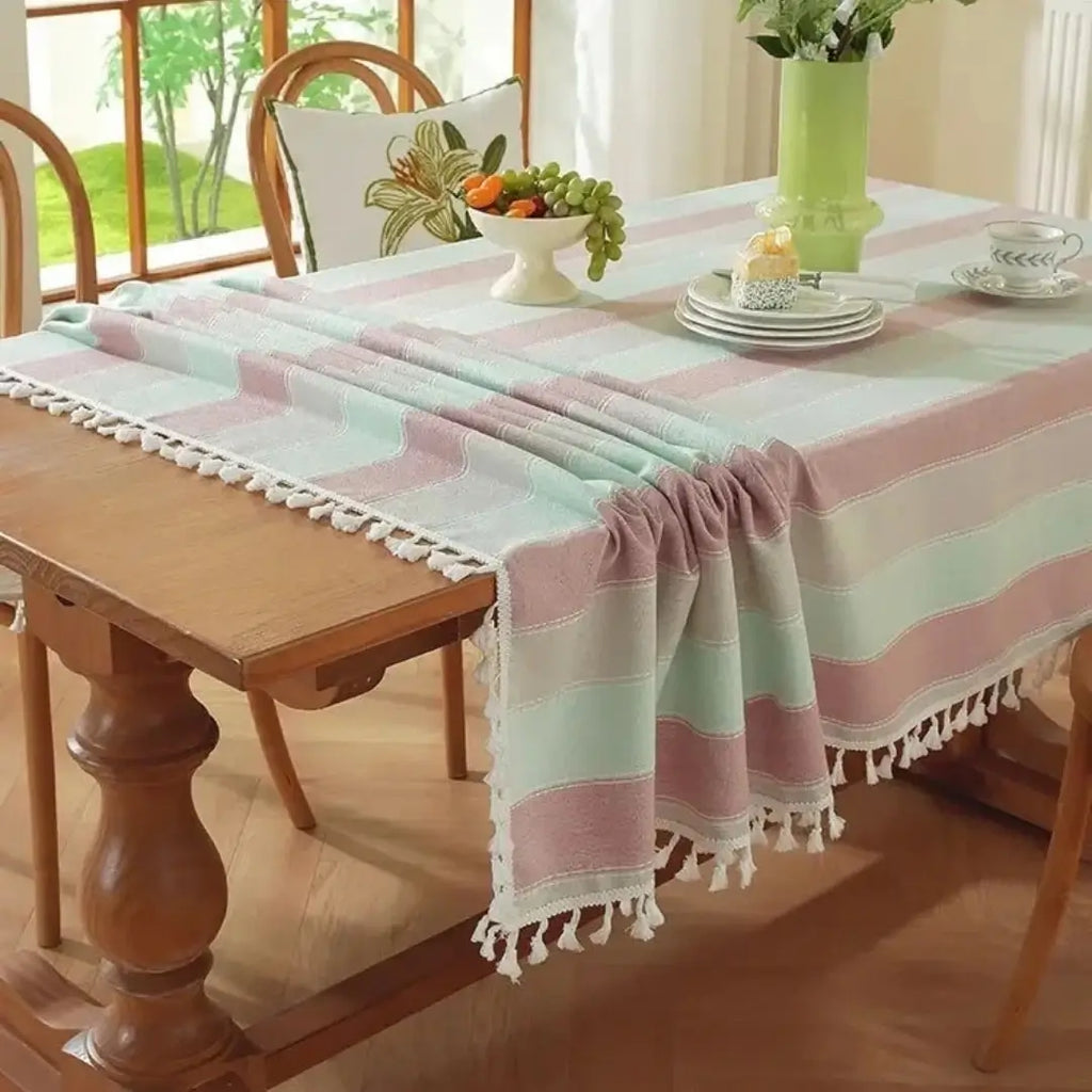 Toalha de Mesa Linho com Borla Modelo Listrado Itaparica Rosa Decoração Mesa Posta Tazmo Casa