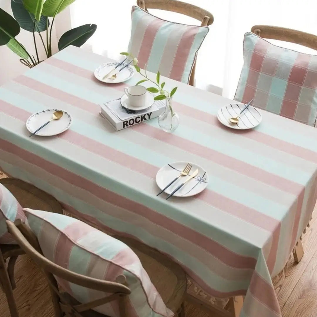 Toalha de Mesa Linho com Borla Modelo Listrado Itaparica Mesa Posta Rosa Tazmo Casa