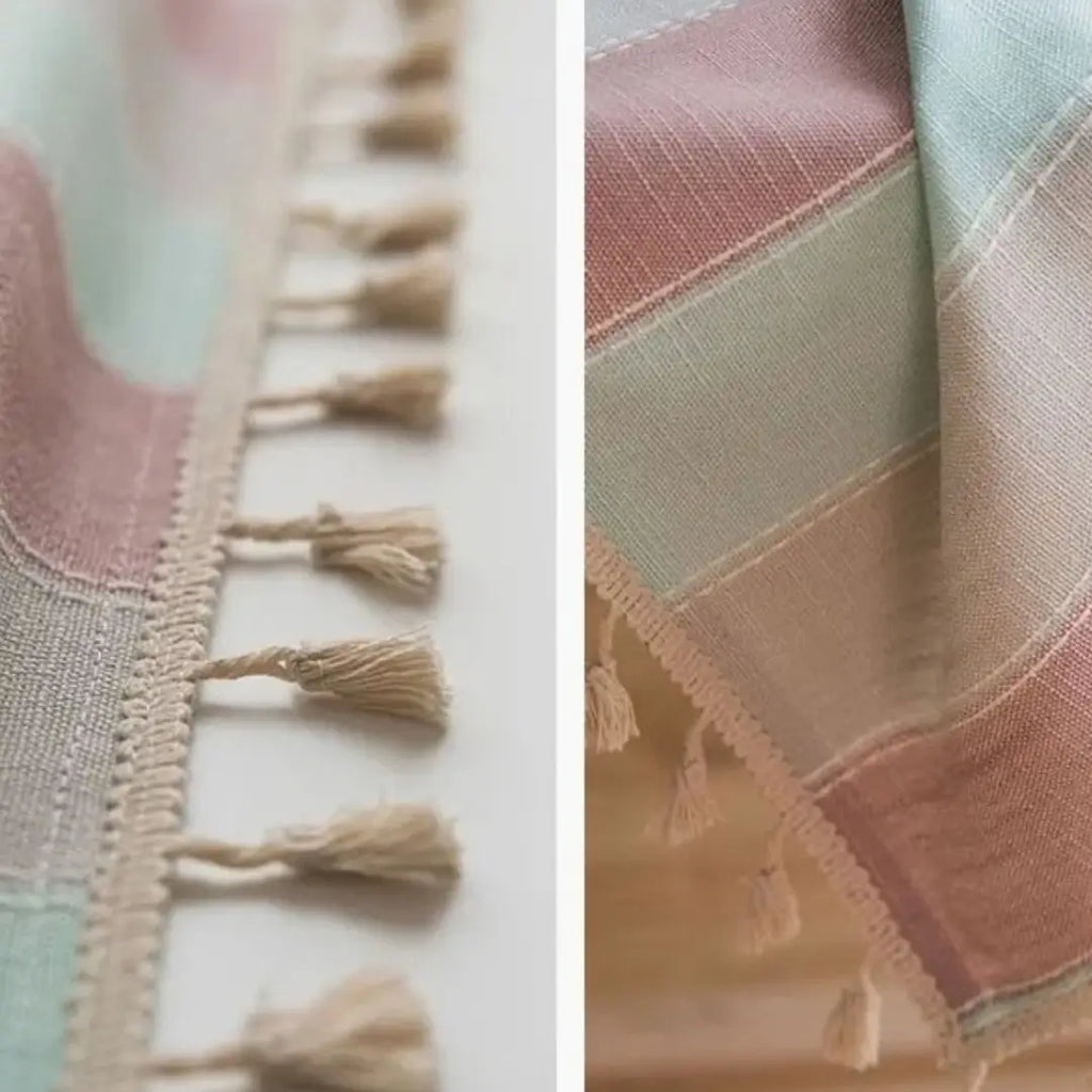 Toalha de Mesa Linho com Borla Modelo Listrado Itaparica Rosa Detalhes das Pontas e do Tecido 
