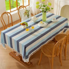 Toalha de Mesa Linho com Borla Modelo Listrado Itaparica Azul Decoração Mesa Posta Verão 