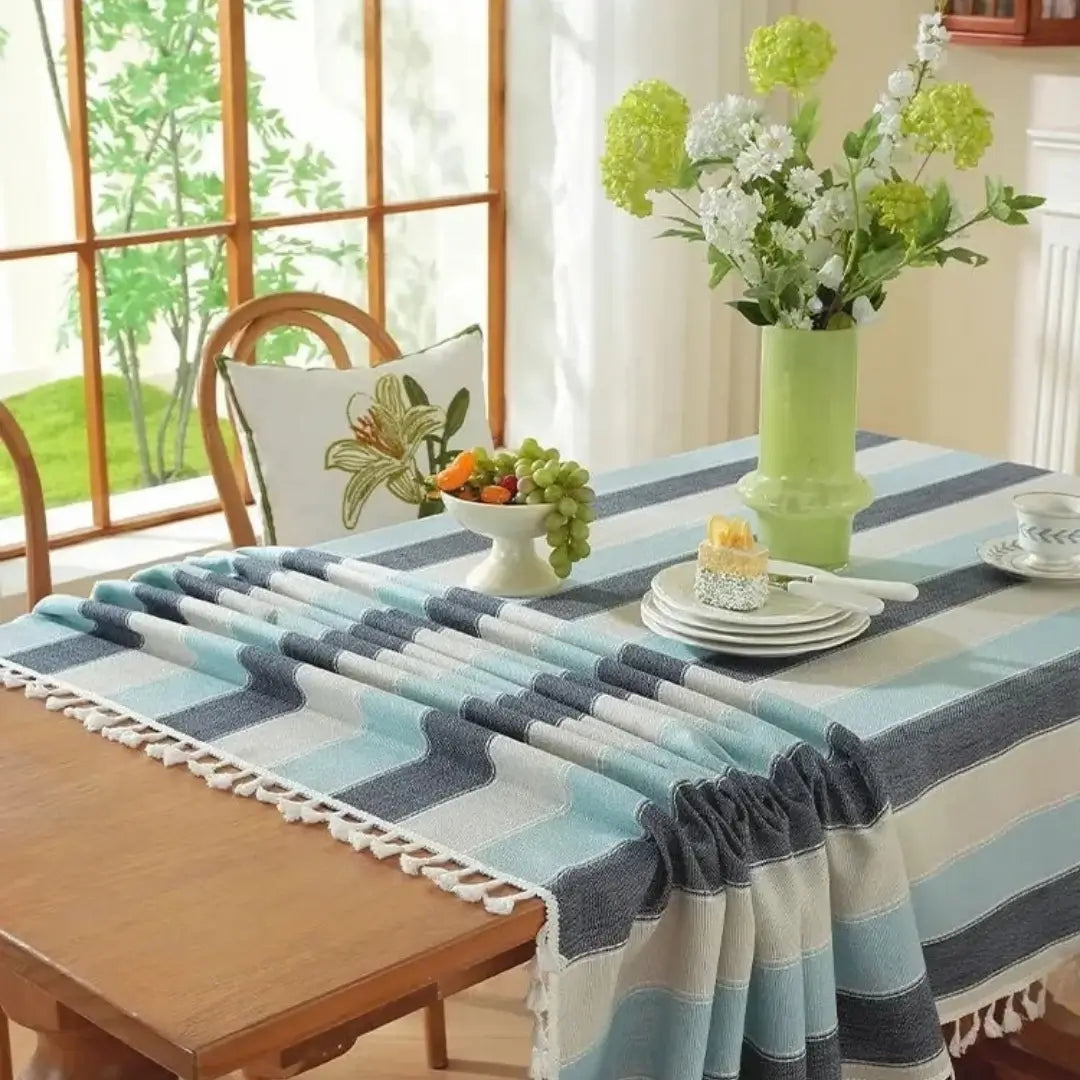 Toalha de Mesa Linho com Borla Modelo Listrado Itaparica Mesa Posta Tazmo Casa 