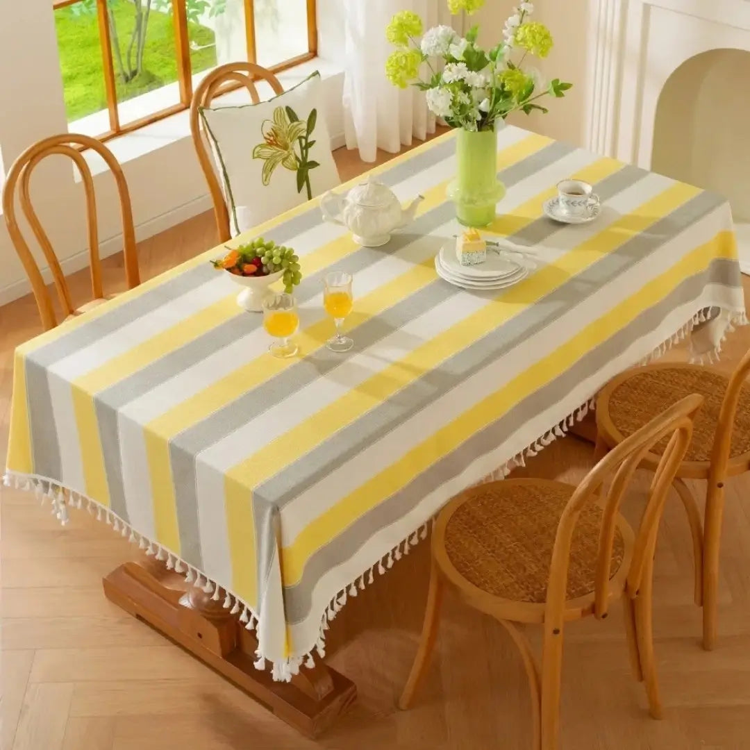 Toalha de Mesa Linho com Borla Modelo Listrado Itaparica Amrelo com Cinza Decoração Mesa Posta Tazmo Casa 