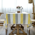 Toalha de Mesa Linho com Borla Modelo Listrado Itaparica Mesa Posta Amarelo com Cinza Tazmo Casa