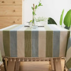 Toalha de Mesa Linho com Borla Modelo Listrado Itaparica Verde com Azul Mesa Posta Verão 