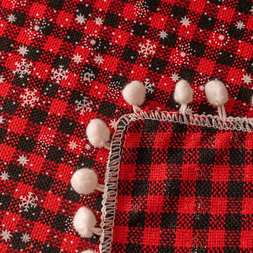 Toalha de Mesa Natal Red Christmas Decoração de Natal Tecido Xadrez Vermelho com Preto e Neve  