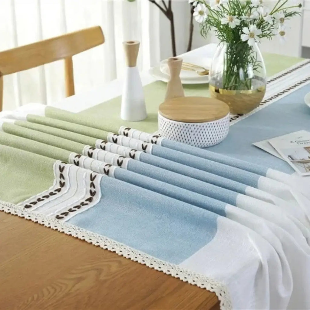Toalha de Mesa com Listra Decoração Mesa Posta Grano Corall Azul com Verde Loja Tazmo 
