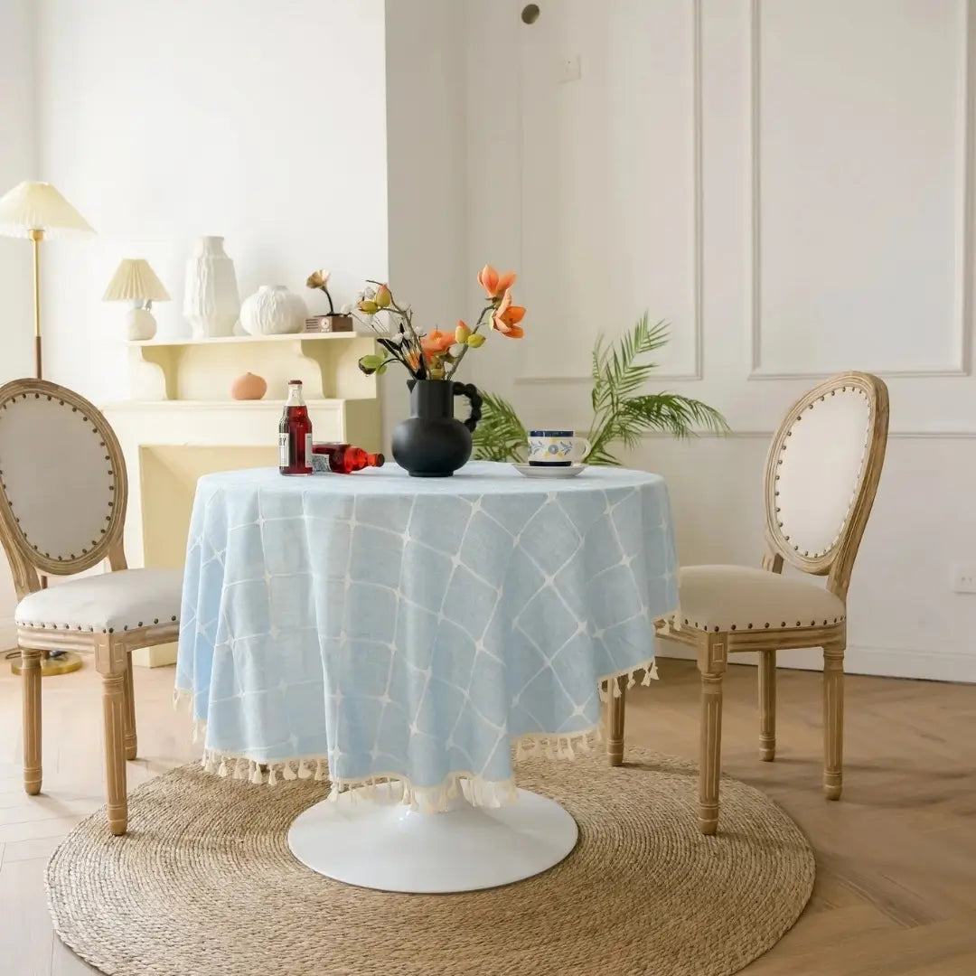 Toalha de Mesa Redonda Linho Algodão Bordado Pacific Azul Xadrez Tazmo Casa