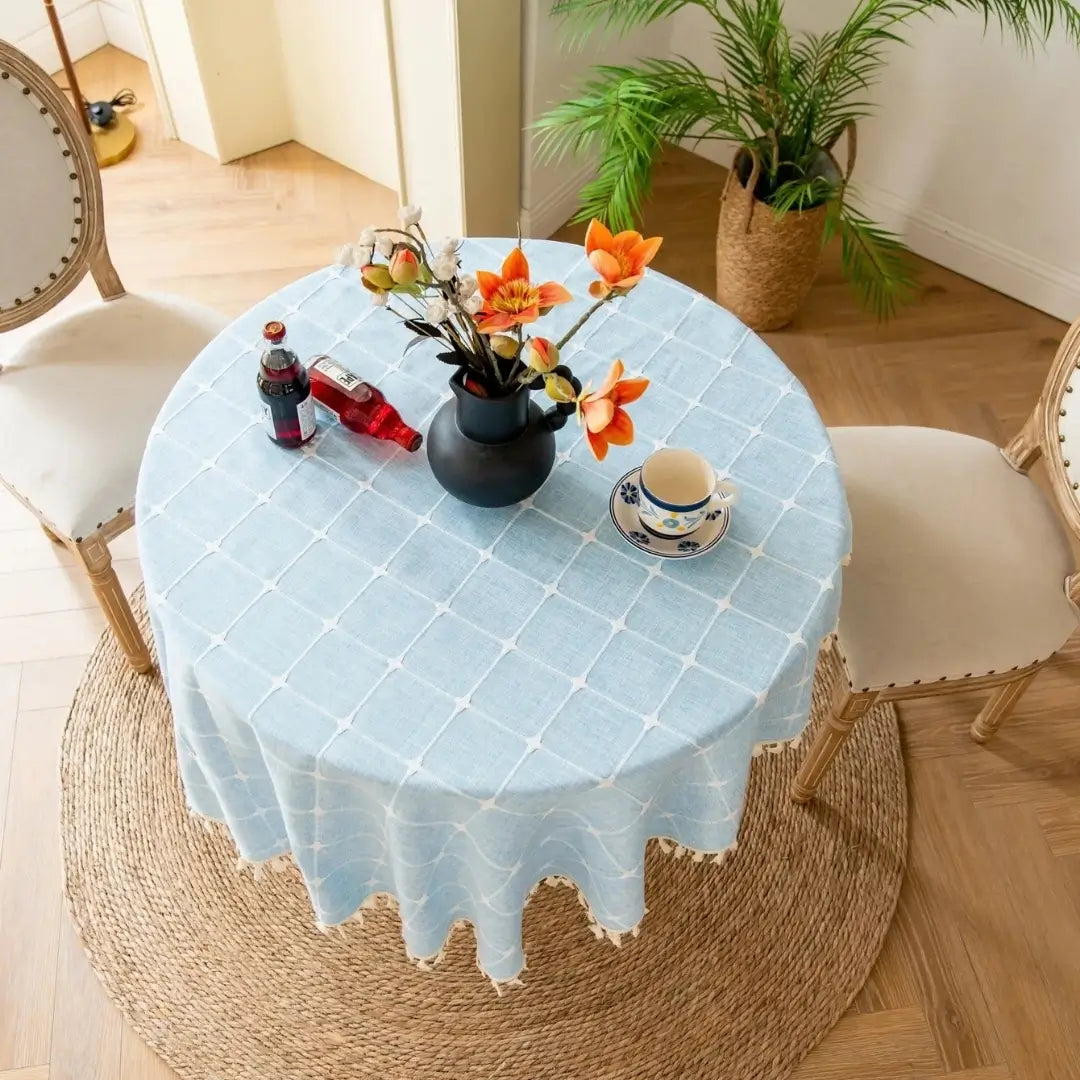 Toalha de Mesa Redonda Linho Algodão Bordado Pacific Azul  Decoração Mesa Posta Tazmo Casa 