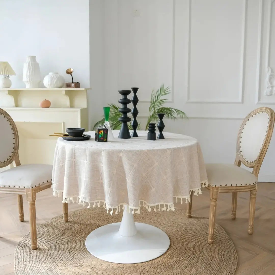 Toalha de Mesa Redonda Linho Algodão Bordado Pacific Bege Decoração Mesa Posta Tazmo Casa 