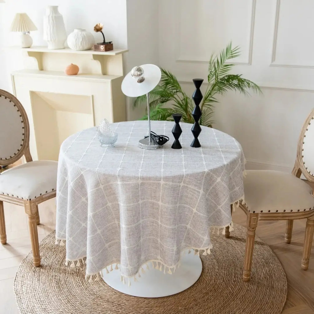 Toalha de Mesa Redonda Linho Algodão Bordado Pacific Bege Decoração Sala de Estar 