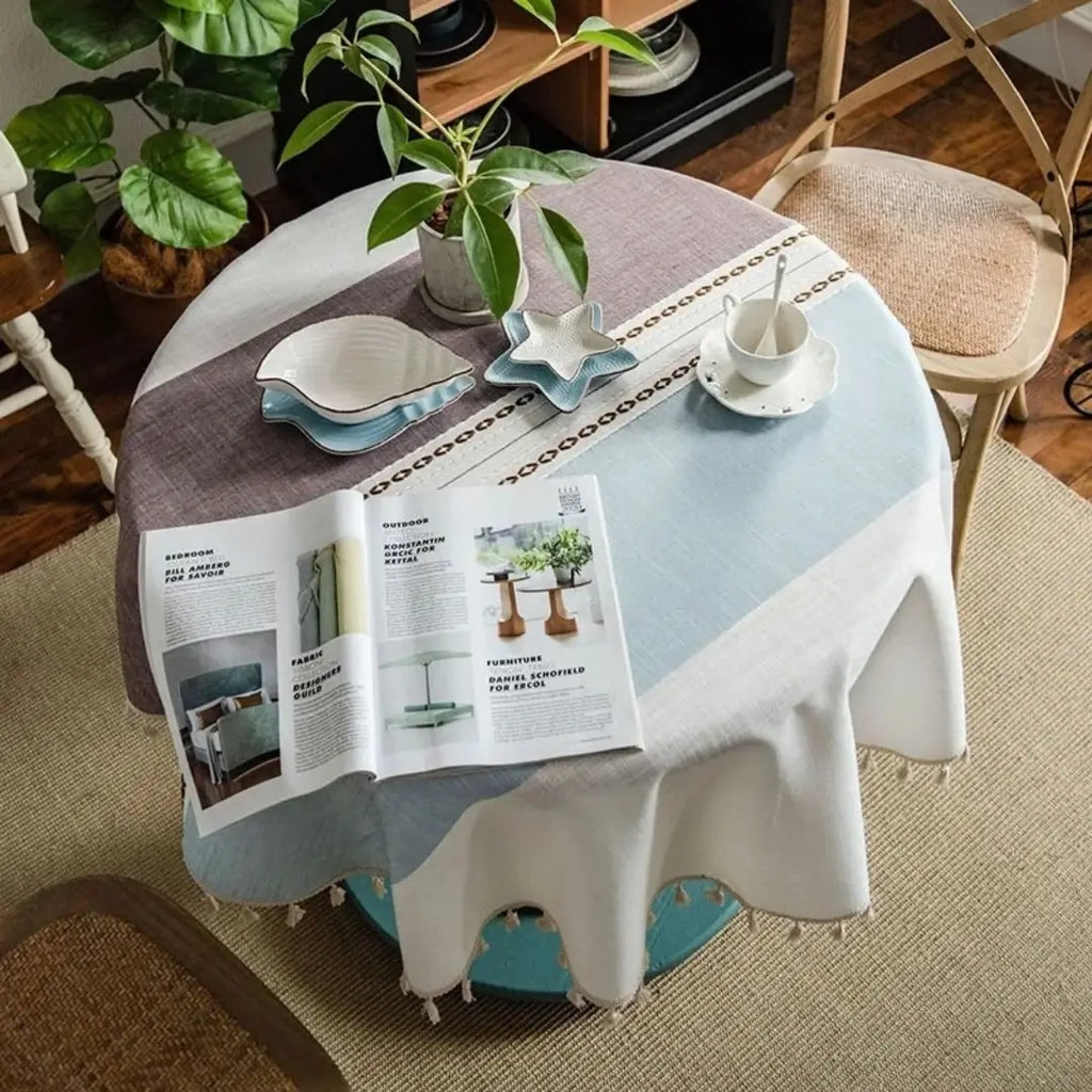 Toalha de Mesa Redonda Linho e Algodão Listrada Itaparica Roxo com Azul