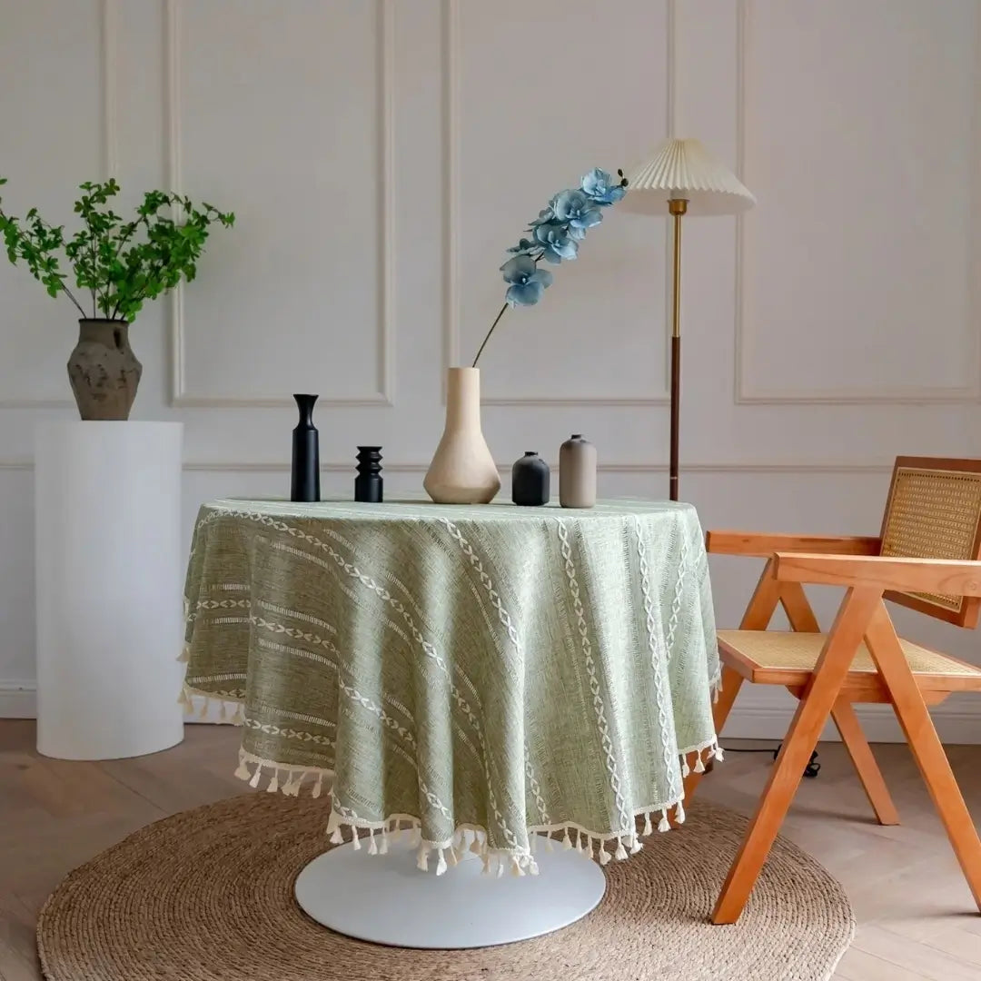 Toalha de Mesa Redonda Linho e Algodão Village Itacaré Verde Decoração de Mesa Posta Site Tazmo Casa 